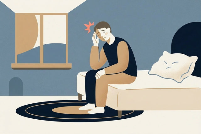 Flat illustration of a person with a headache beside a lumpy pillow