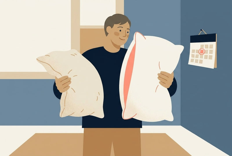 Flat illustration comparing a worn flat pillow with a new plump pillow