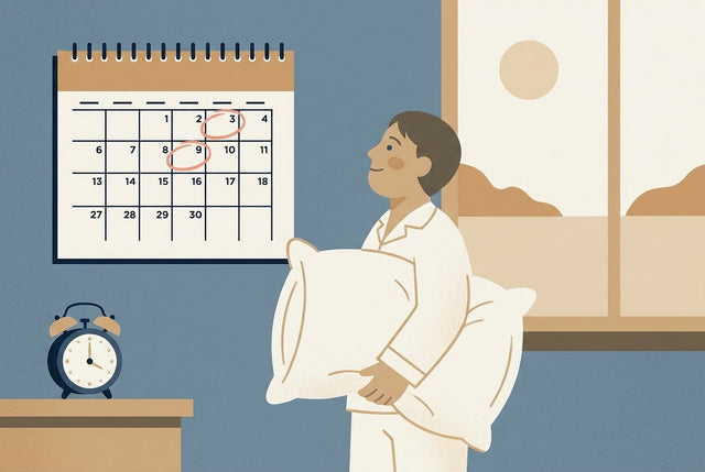 Illustration of a person holding a pillow beside a wall calendar with wash days circled