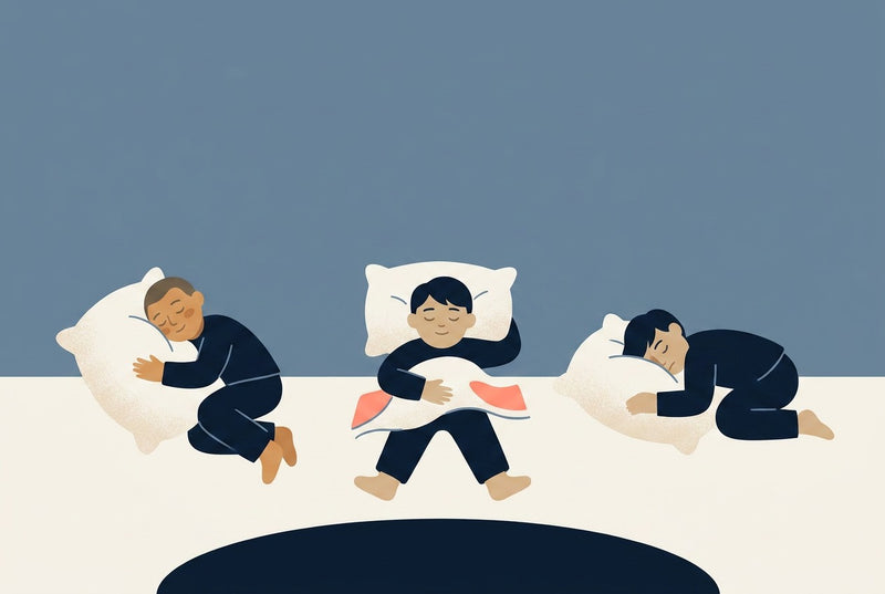 Flat illustration of three sleepers in side, back and stomach positions with pillows