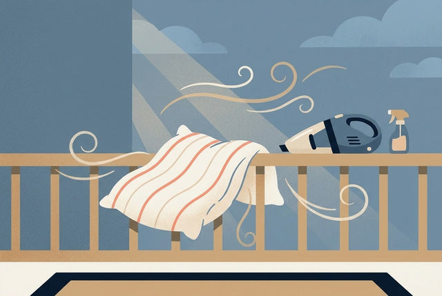 Flat illustration of a pillow airing outdoors with a handheld vacuum and spray bottle