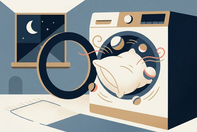 Flat illustration of a fluffy pillow tumbling in a dryer with dryer balls