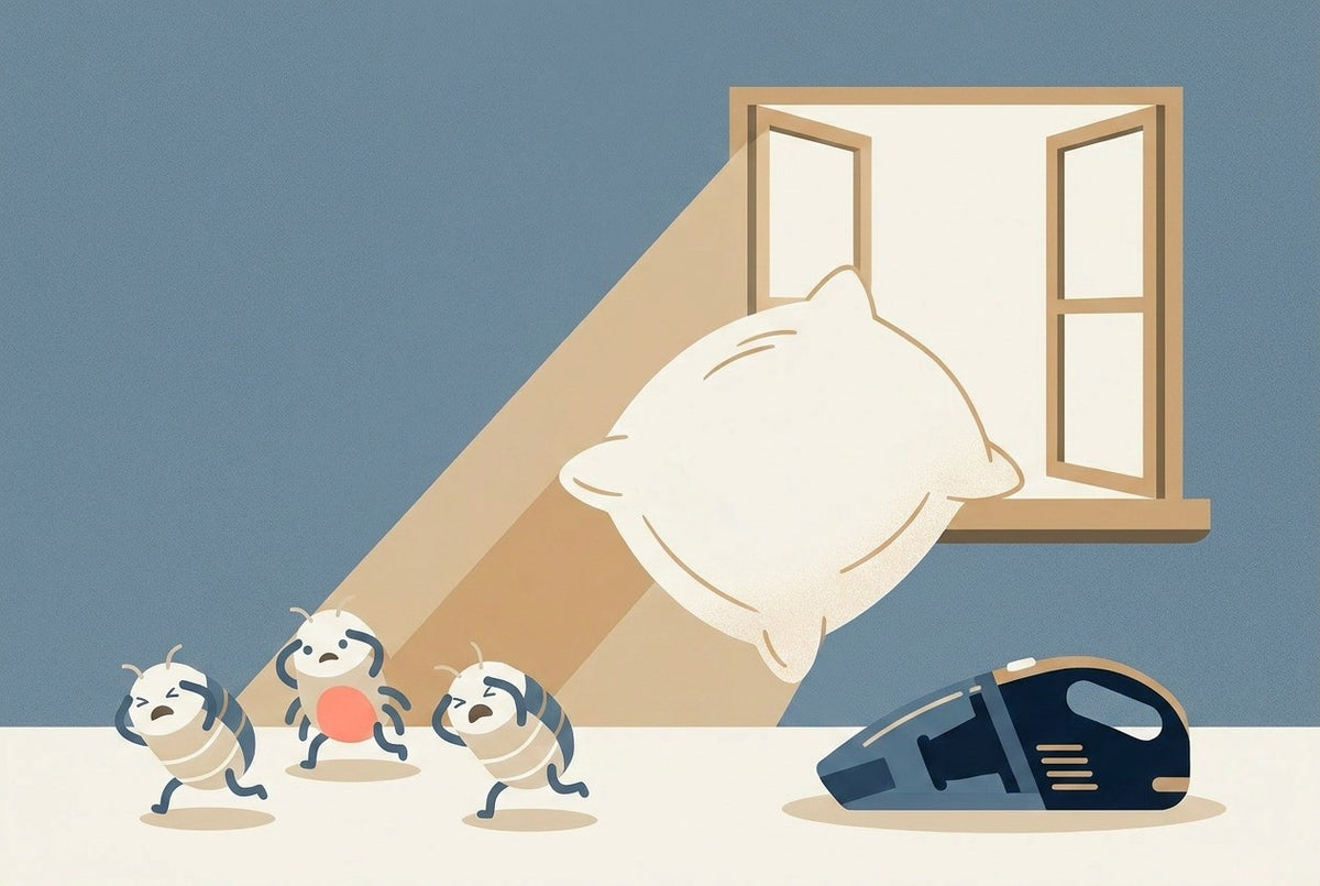 Flat illustration of a pillow airing in sunlight while cartoon dust mites retreat