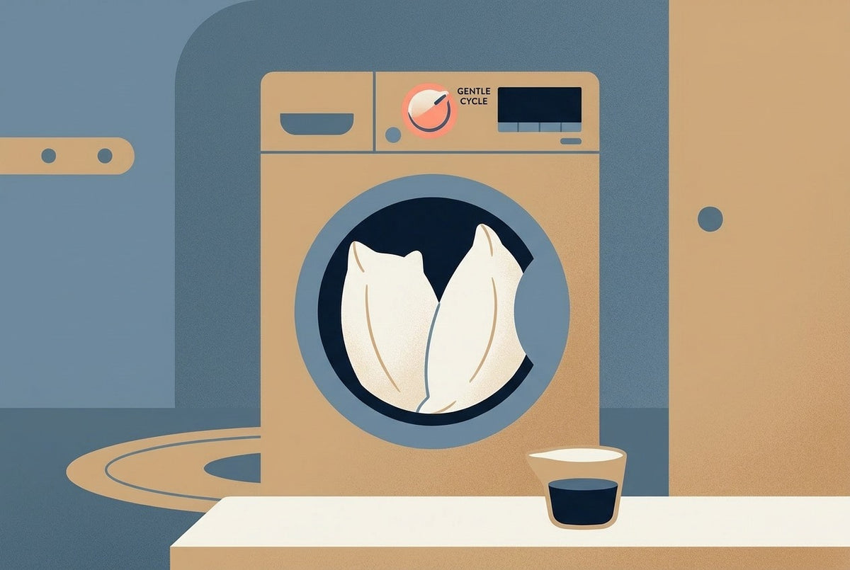 Flat illustration of two pillows in a front-load washing machine on a gentle cycle