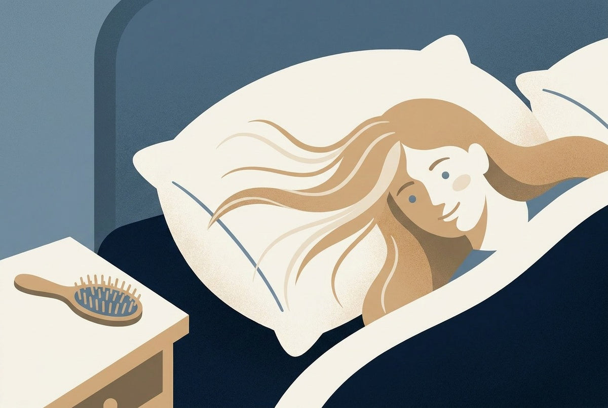 Flat illustration of a person with long hair resting on a pillow