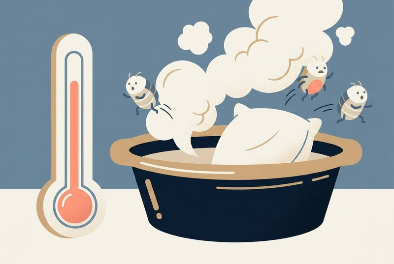 Illustration of dust mites fleeing a steaming basin holding a pillow while a thermometer rises