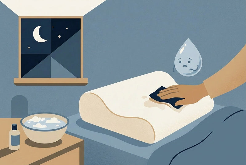 Illustration of a hand spot-cleaning a contoured memory foam pillow