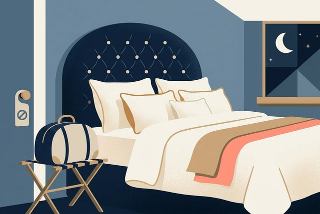Flat illustration of a luxury hotel bed with a neat stack of plush pillows