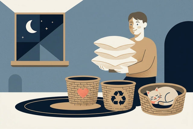 Flat illustration of old pillows sorted to donate, recycle and repurpose as a pet bed
