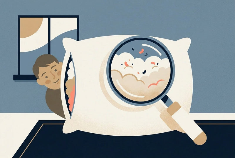 Flat illustration of a cutaway pillow showing its inner layers under a magnifying glass