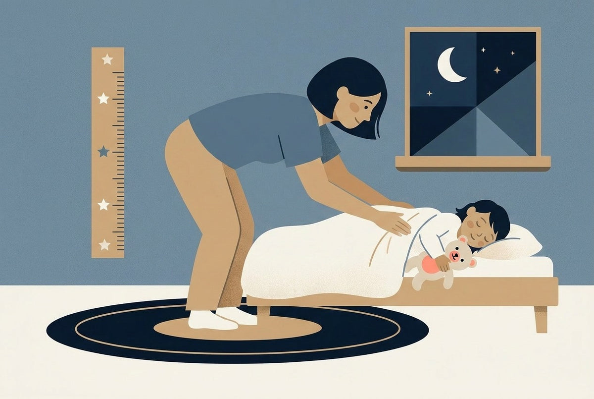 Flat illustration of a parent tucking a child into bed with a small pillow