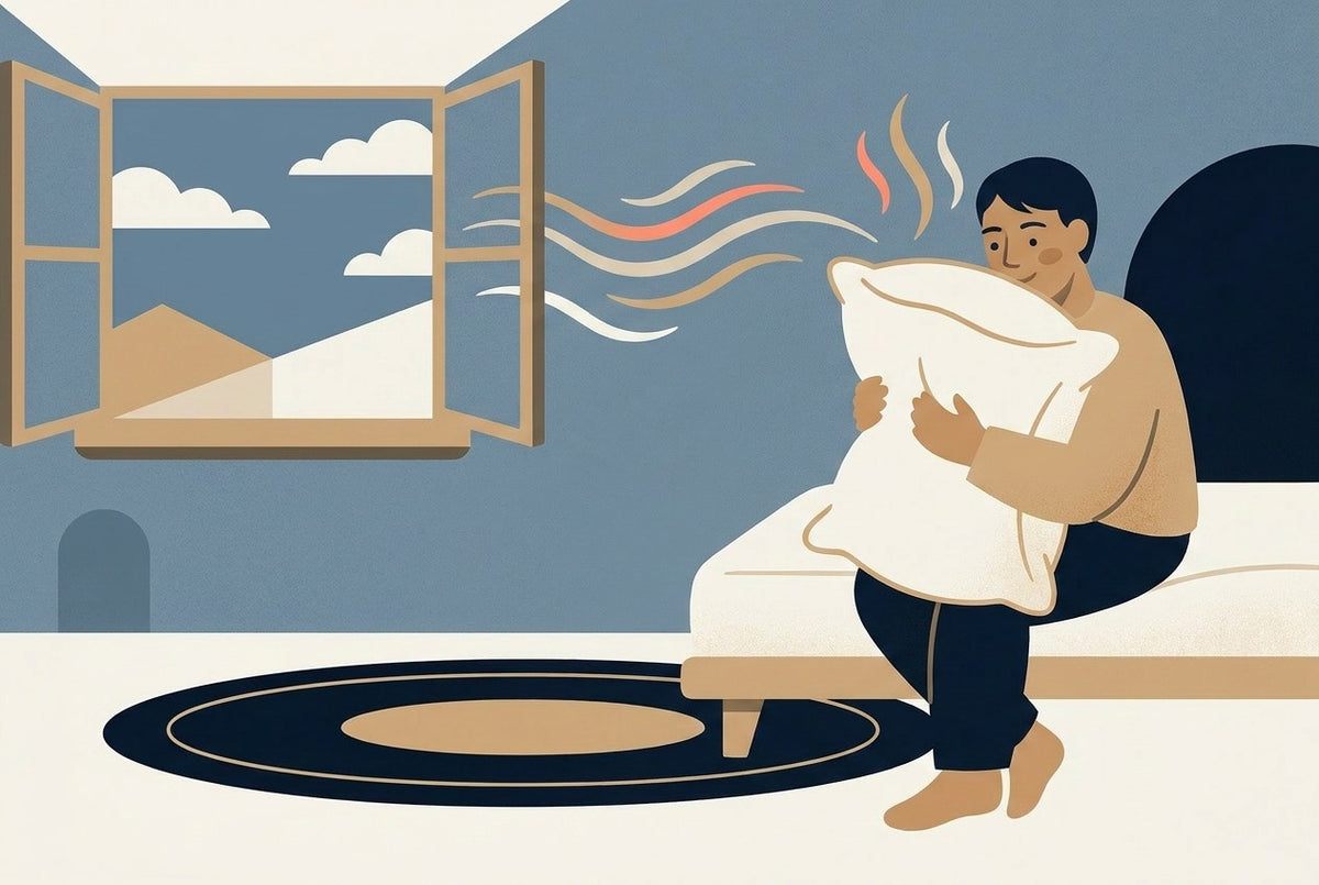 Illustration of a person sniffing a pillow with scent lines rising, next to an open window