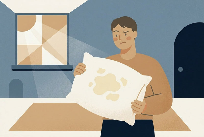 Illustration of a person inspecting a pillow with pale yellow stains
