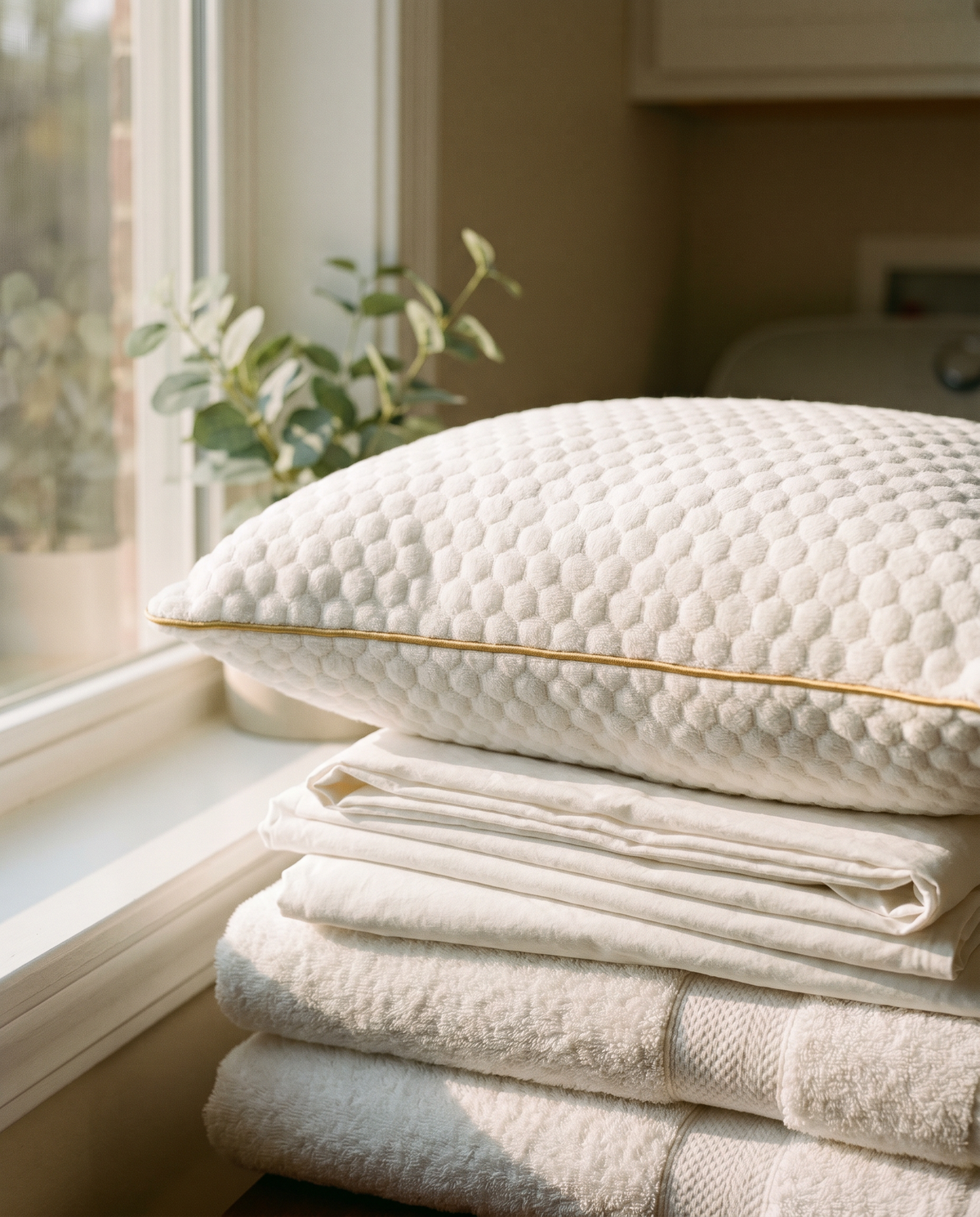 Pillowash pillow on a stack of freshly folded sheets and towels by a sunlit window