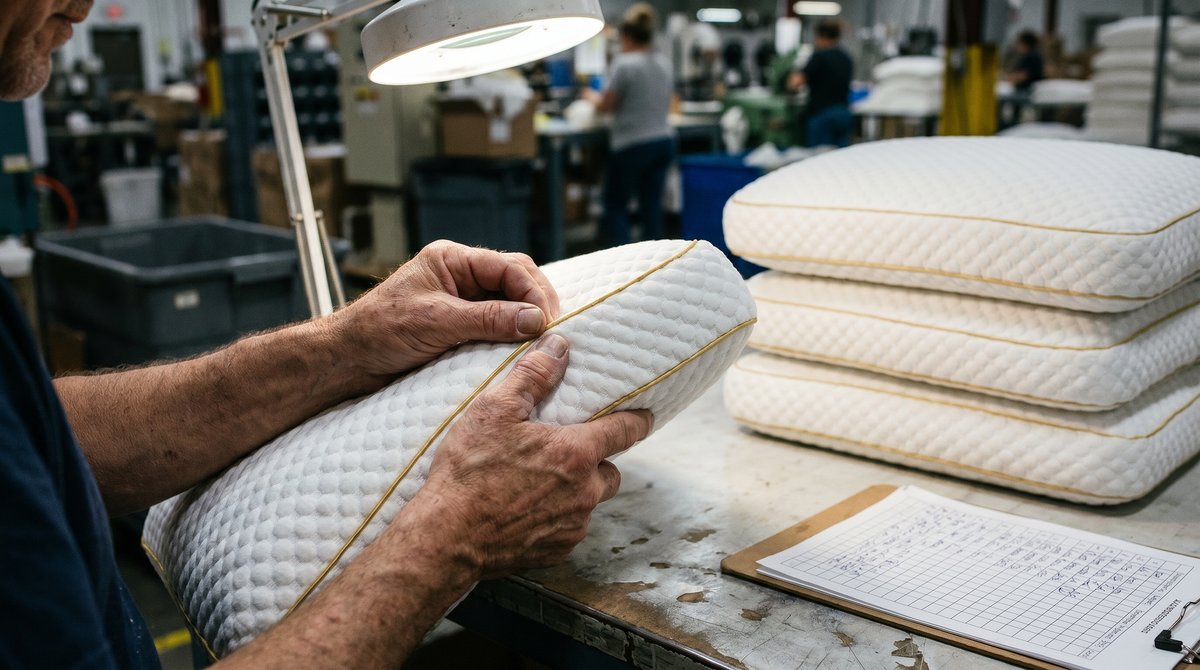 Pillowash quality inspection - checking every pillow before shipping