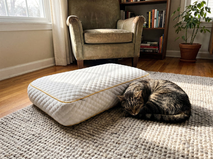Tabby cat curled up on a woven rug beside a Pillowash washable pillow in a sunlit living room