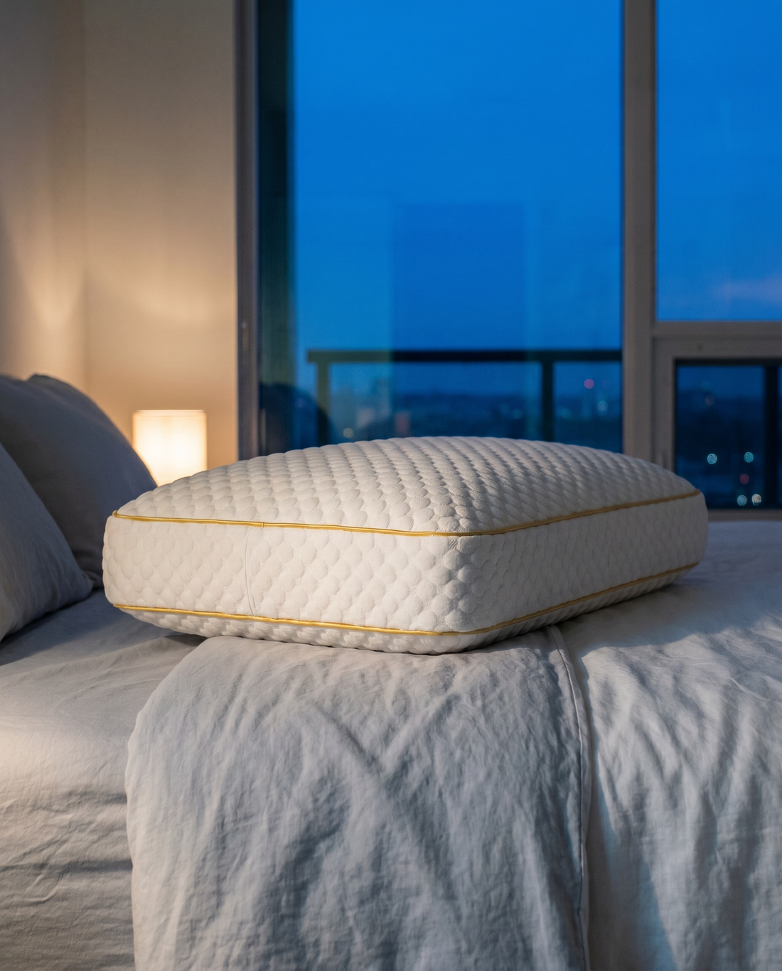 Pillowash Crisp pillow on cool-toned bedding in a calm bedroom at dusk