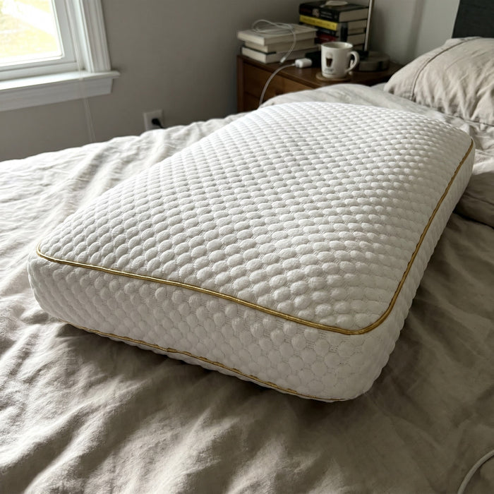 Close-up of the quilted dimple texture and gold piping on a Pillowash washable pillow