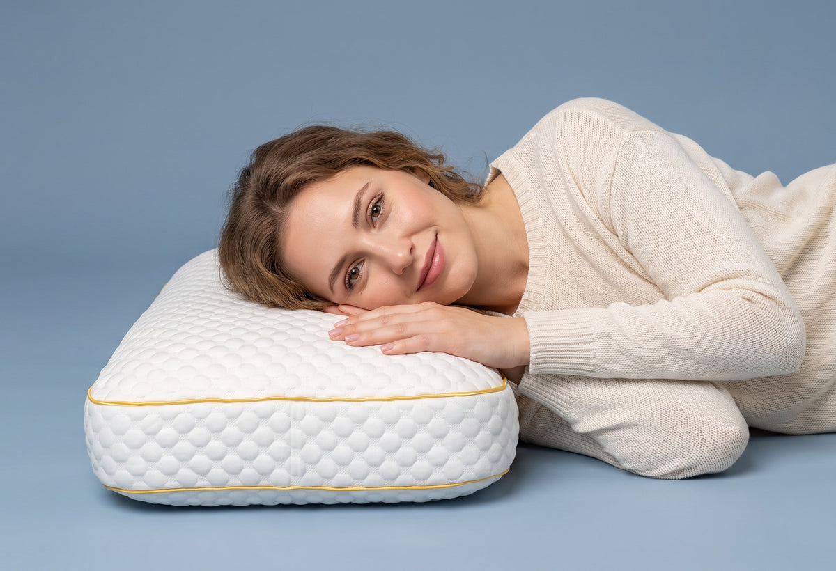 Woman resting her head on the Pillowash Crisp washable pillow