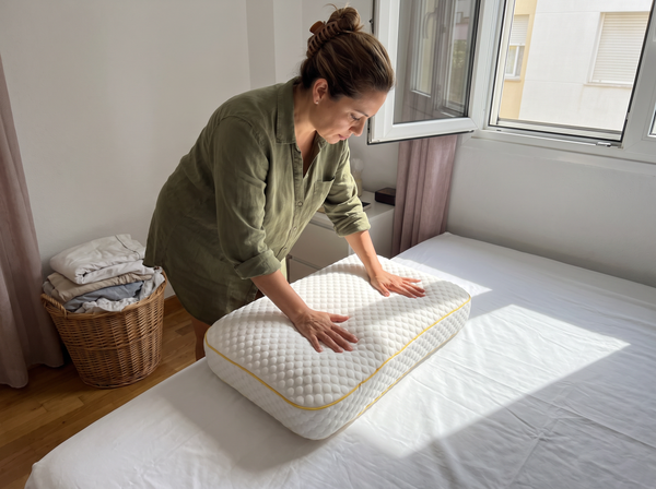 Customer setting her freshly washed Pillowash pillow back onto clean white sheets on laundry day
