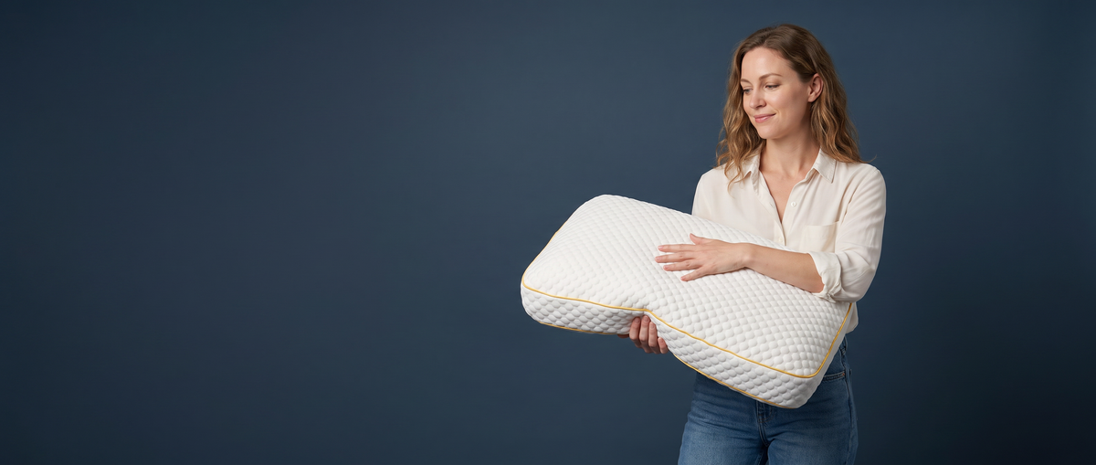 A woman holding the Pillowash Crisp washable pillow, resting one hand on its honeycomb surface
