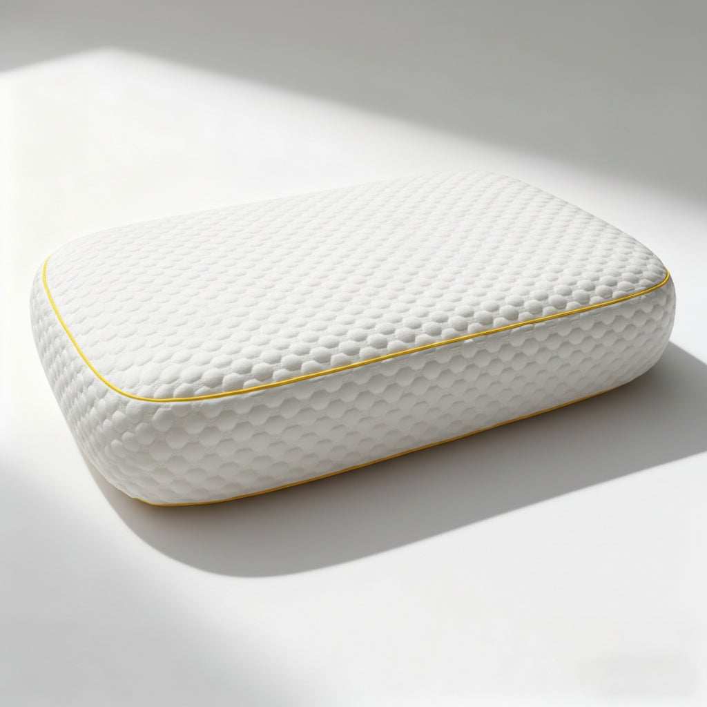 The Pillowash Crisp washable pillow on a white studio surface, showing its honeycomb knit cover and yellow piping