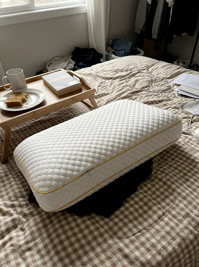 Pillowash washable pillow on a checkered duvet next to a wooden breakfast tray with toast and coffee