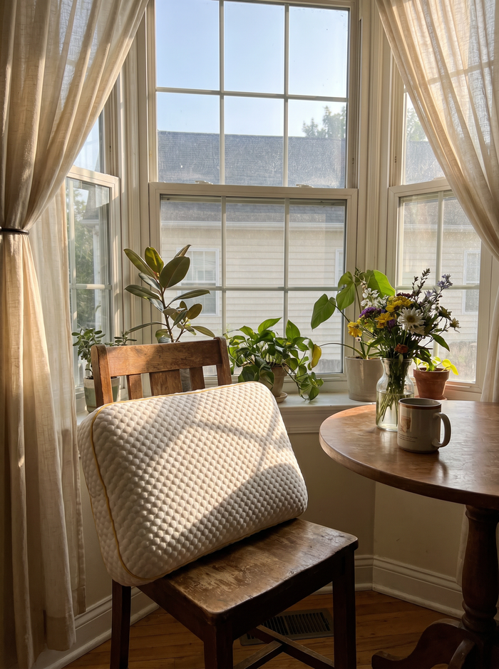 Pillowash washable pillow propped on a wooden chair in a sunlit bay window nook with houseplants and fresh flowers