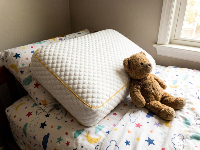 Pillowash washable pillow on a child's bed with star-print bedding and a teddy bear beside it