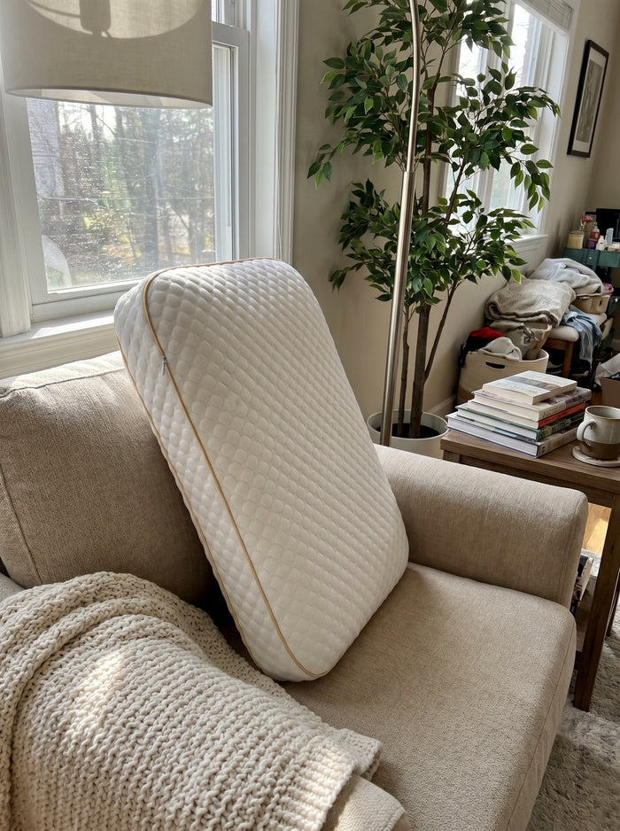 Pillowash washable pillow propped on a cream armchair in a bright living room with a large houseplant