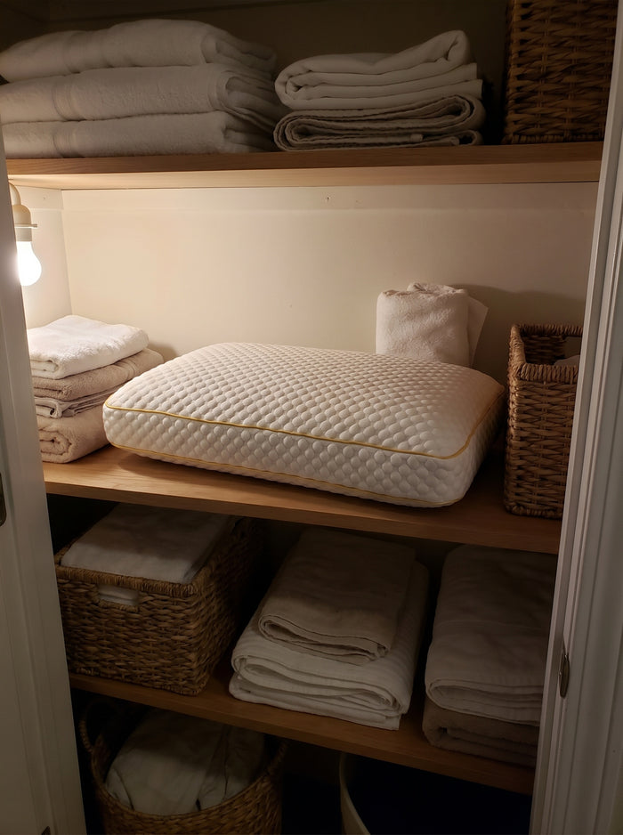 Clean Pillowash washable pillow stored on a wooden linen closet shelf beside folded towels and woven baskets