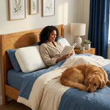 A woman reads in bed leaning on the Pillowash Crisp pillow while a golden retriever sleeps at the foot of the bed