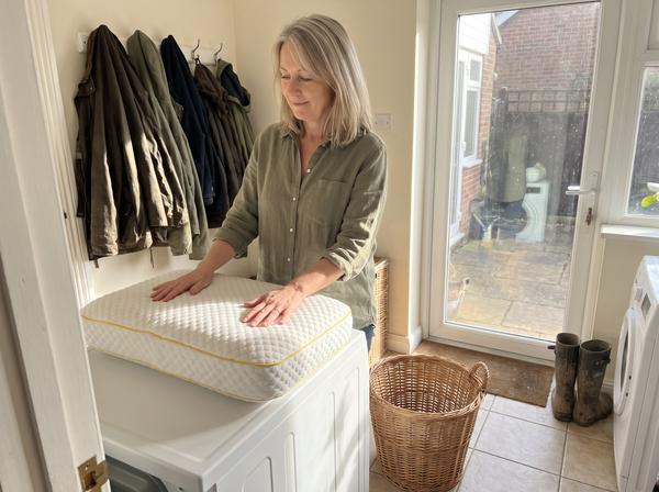 Woman setting a Pillowash washable pillow on top of her washing machine in a sunlit laundry room