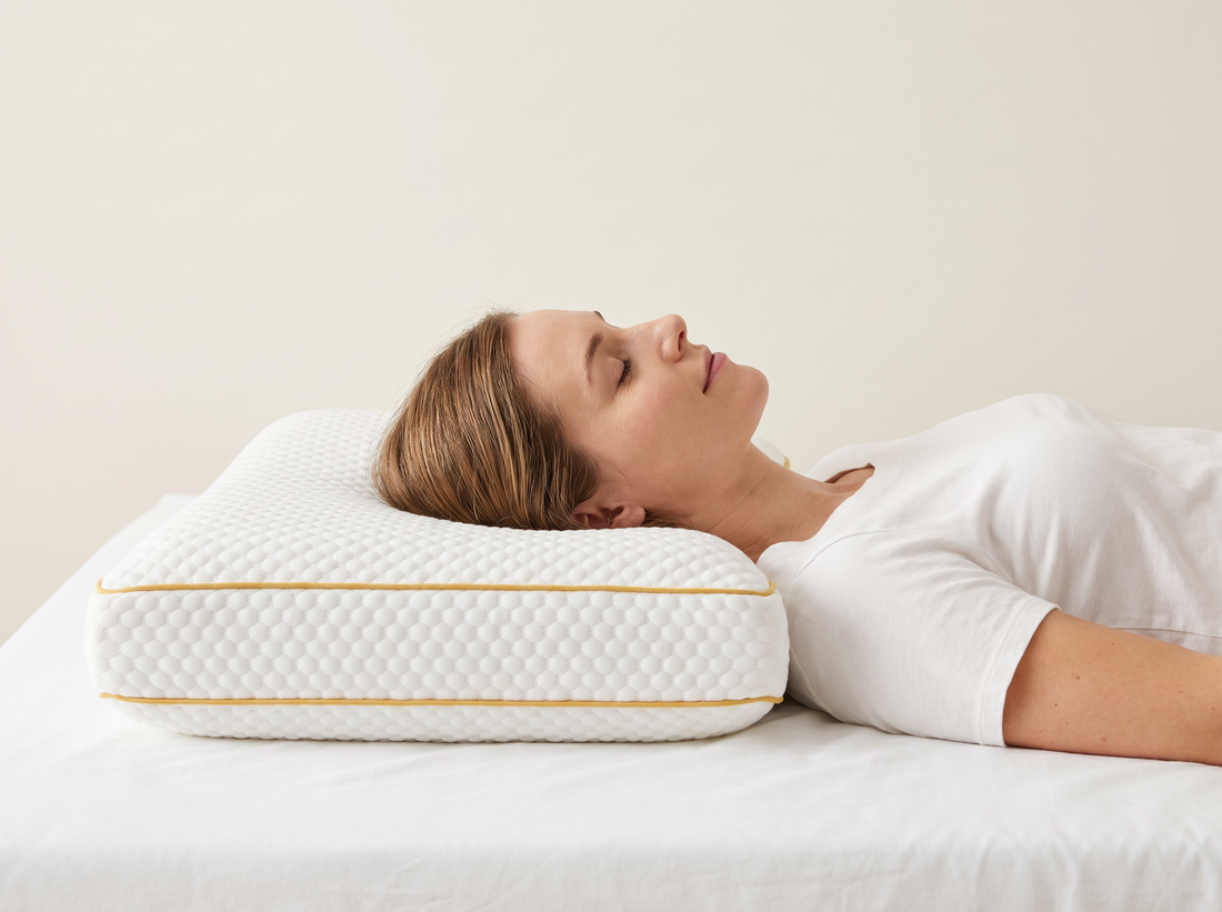 A woman resting comfortably with her head on the Pillowash Crisp washable pillow